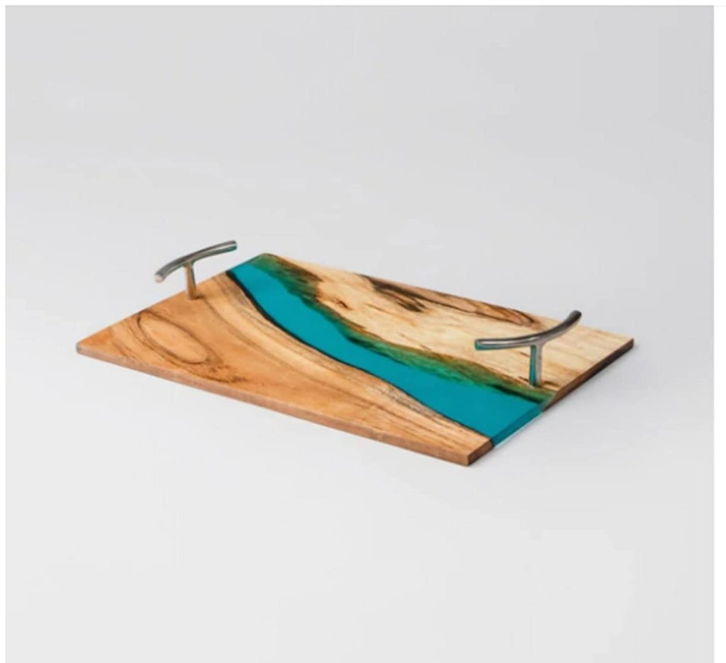 TUZECH Large EPOXY Tray , Resin River Live Edge Wood Tray, Resin Serving Tray, Epoxy Serving Tray,, Center Dining Table 18 x 12 inches - resinhomefurniture