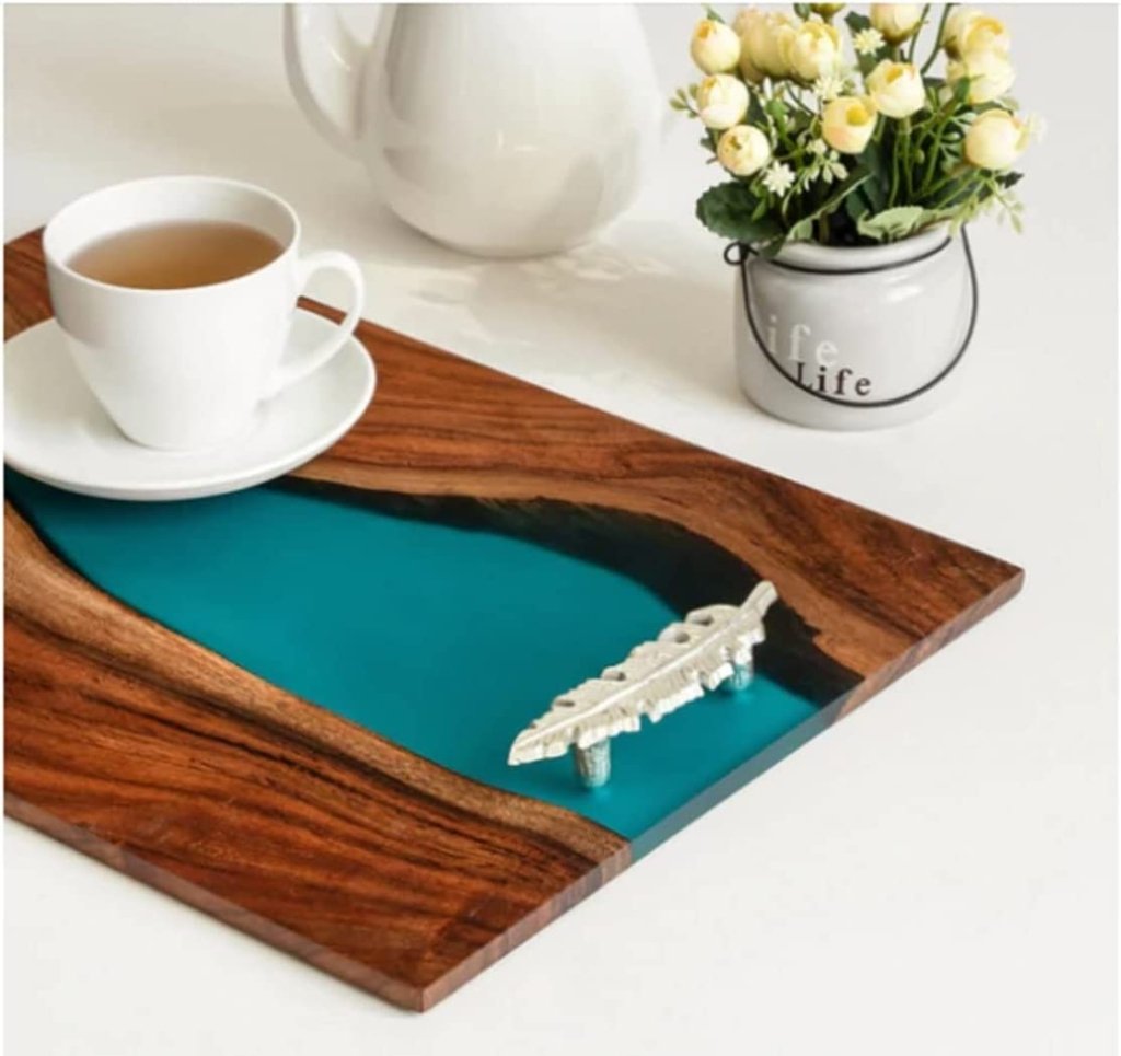 TUZECH Large EPOXY Tray , Resin River Live Edge Wood Tray, Resin Serving Tray, Epoxy Serving Tray,, Center Dining Table 18 x 12 inches - resinhomefurniture