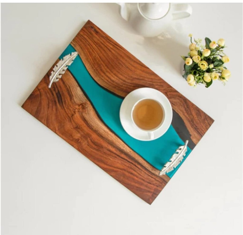 TUZECH Large EPOXY Tray , Resin River Live Edge Wood Tray, Resin Serving Tray, Epoxy Serving Tray,, Center Dining Table 18 x 12 inches - resinhomefurniture