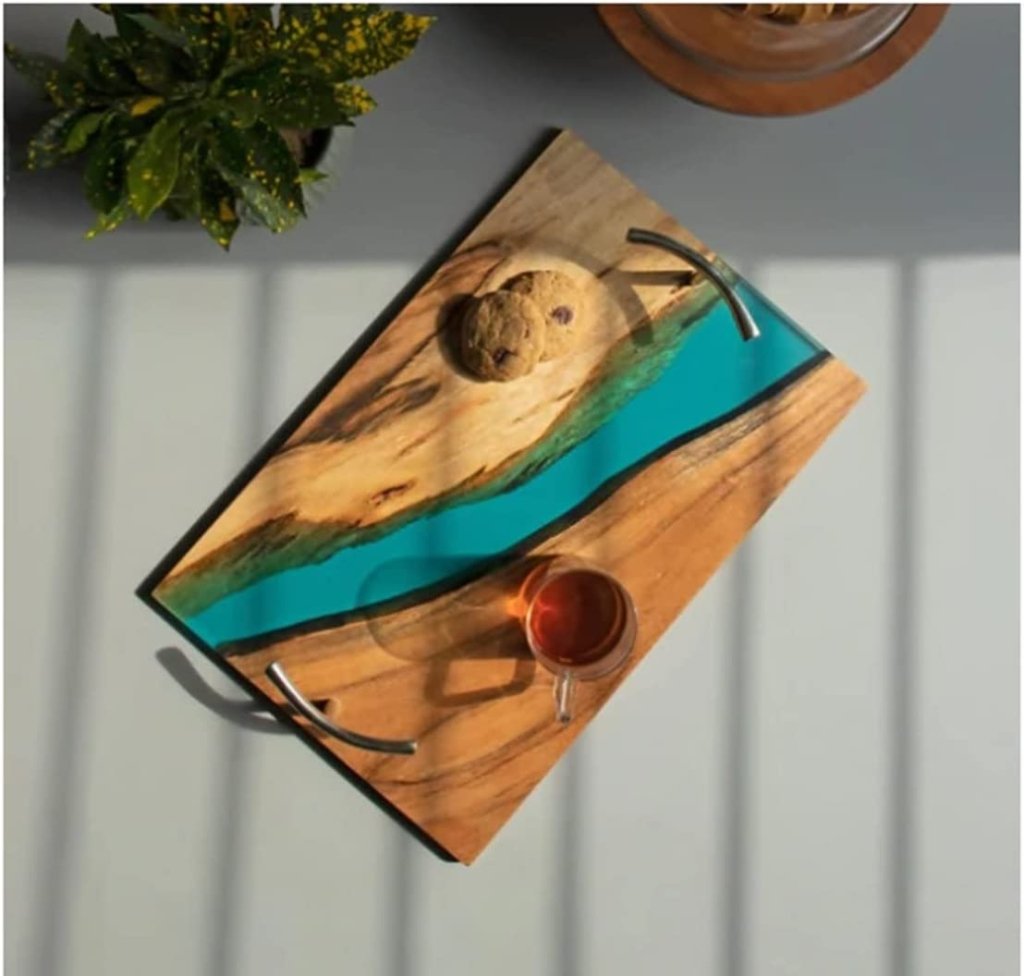 TUZECH Large EPOXY Tray , Resin River Live Edge Wood Tray, Resin Serving Tray, Epoxy Serving Tray,, Center Dining Table 18 x 12 inches - resinhomefurniture