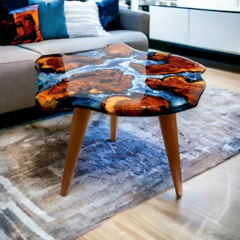 TUZECH Large Indoor Unique Blue Round Epoxy Coffee Table Living Room Table Side/End Table Resin Dining Table for 2, 4, 6, 8 Island Ocean Flow Table Patio Table Home Décor - resinhomefurniture