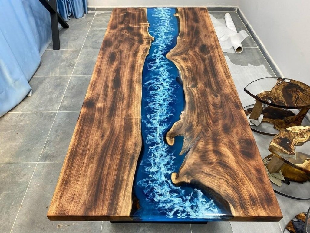 TUZECH Special Blue & White Sea Waves Epoxy Resin Dining Table Console Table Side/End Table Living Room Coastal Table Bar River Table Counter Table Home Décor - resinhomefurniture