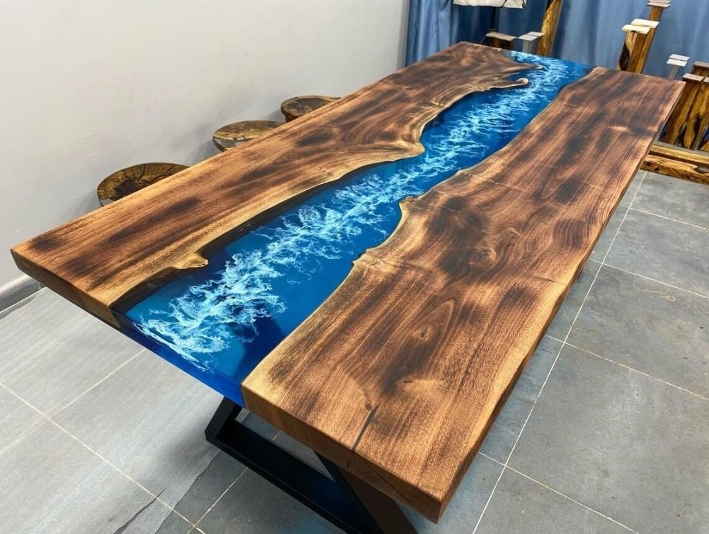 TUZECH Special Blue & White Sea Waves Epoxy Resin Dining Table Console Table Side/End Table Living Room Coastal Table Bar River Table Counter Table Home Décor - resinhomefurniture