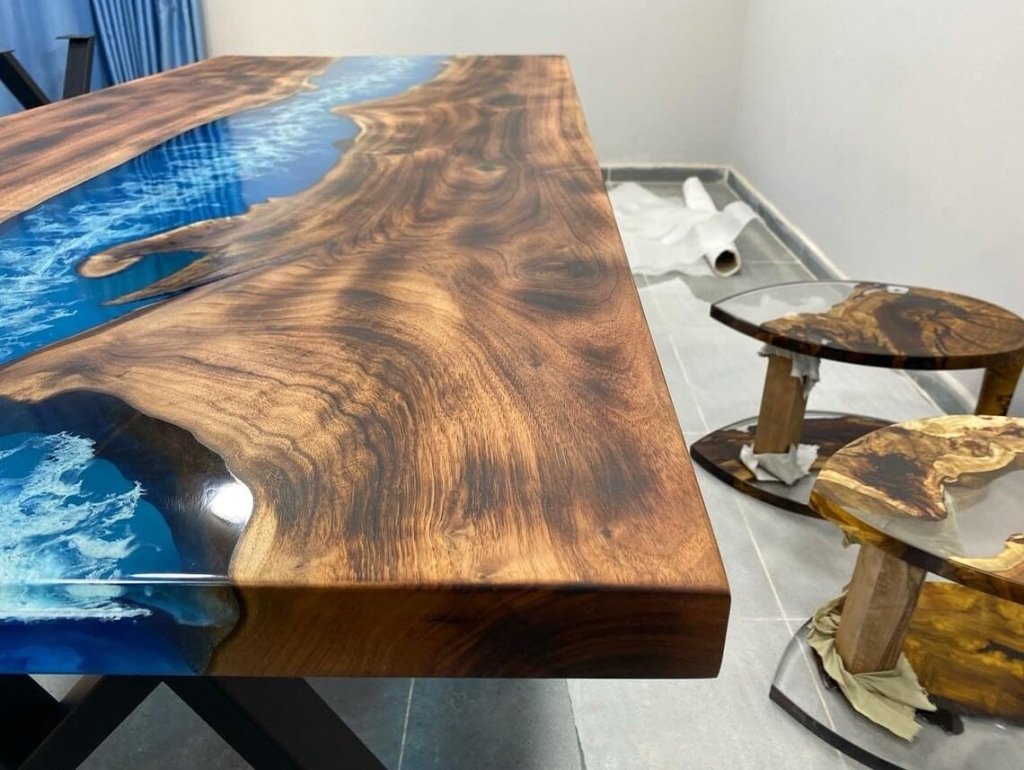 TUZECH Special Blue & White Sea Waves Epoxy Resin Dining Table Console Table Side/End Table Living Room Coastal Table Bar River Table Counter Table Home Décor - resinhomefurniture