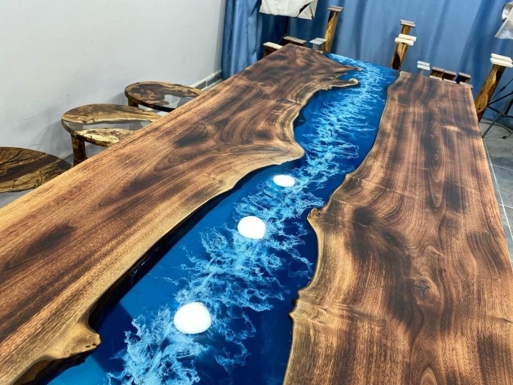 TUZECH Special Blue & White Sea Waves Epoxy Resin Dining Table Console Table Side/End Table Living Room Coastal Table Bar River Table Counter Table Home Décor - resinhomefurniture