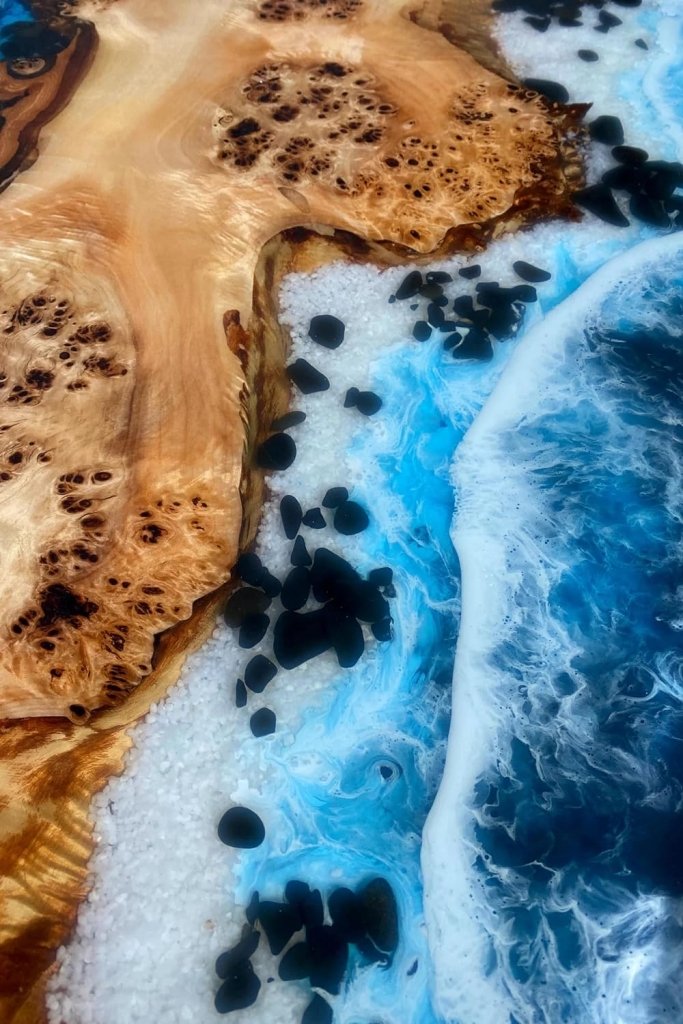 Unique Island Ocean Beach Wave Stone Look Epoxy Resin Dining Table Coffee Table End Table Wooden Table Living Room Table Bar Counter Home Décor Side - resinhomefurniture