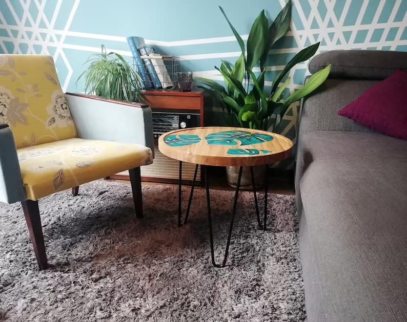 Unique Leaf Pattern Epoxy Round Resin Coffee Table Acacia Wood Table Living Room for 2, 4, 6, 8 Side/End Table Patio Table Bar Counter Home Decor - resinhomefurniture