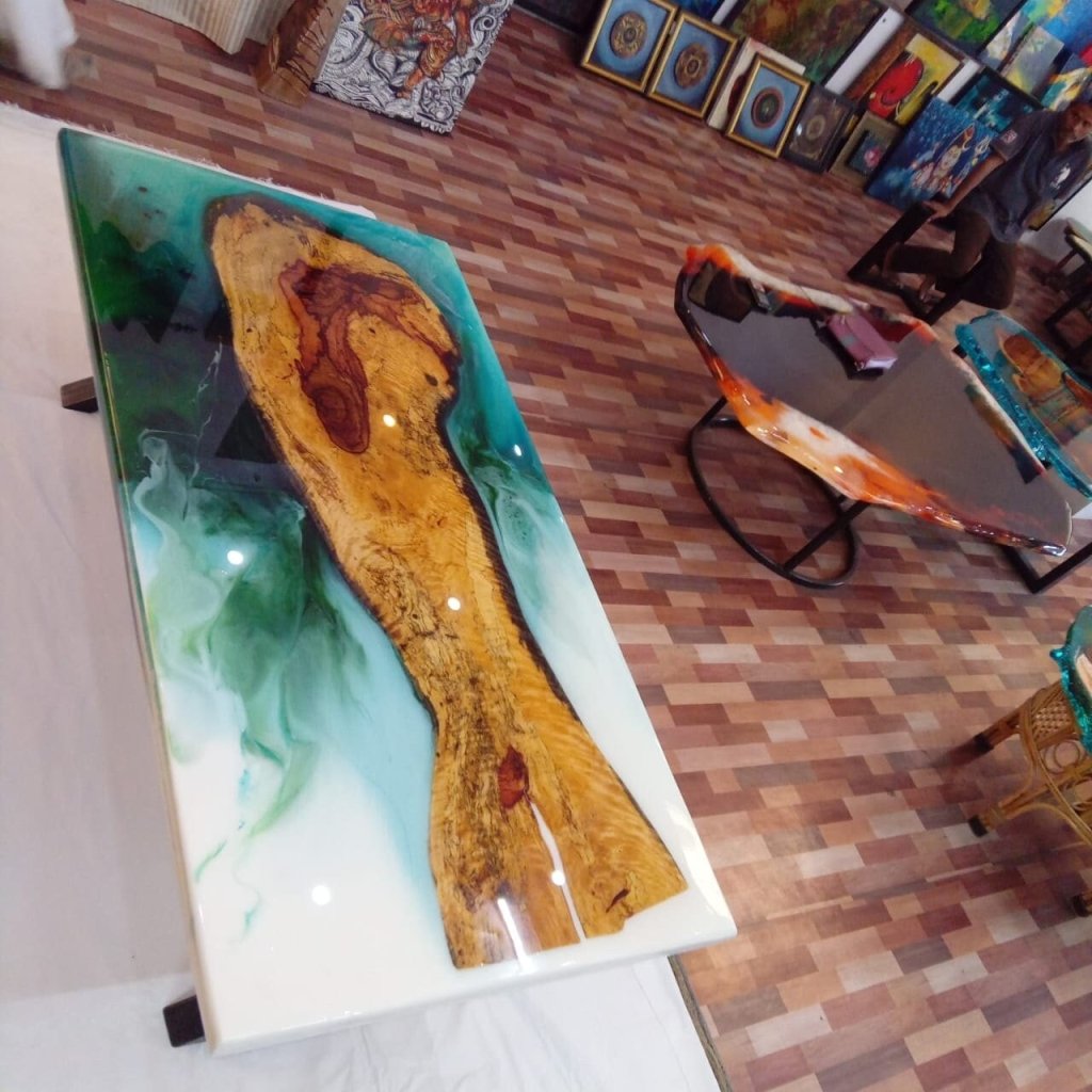 Unique Multi Resin Green And White Epoxy Table Coastal table Top Dining Table Coffee Table Side/End Table. With Legs 28.5" Inches - resinhomefurniture