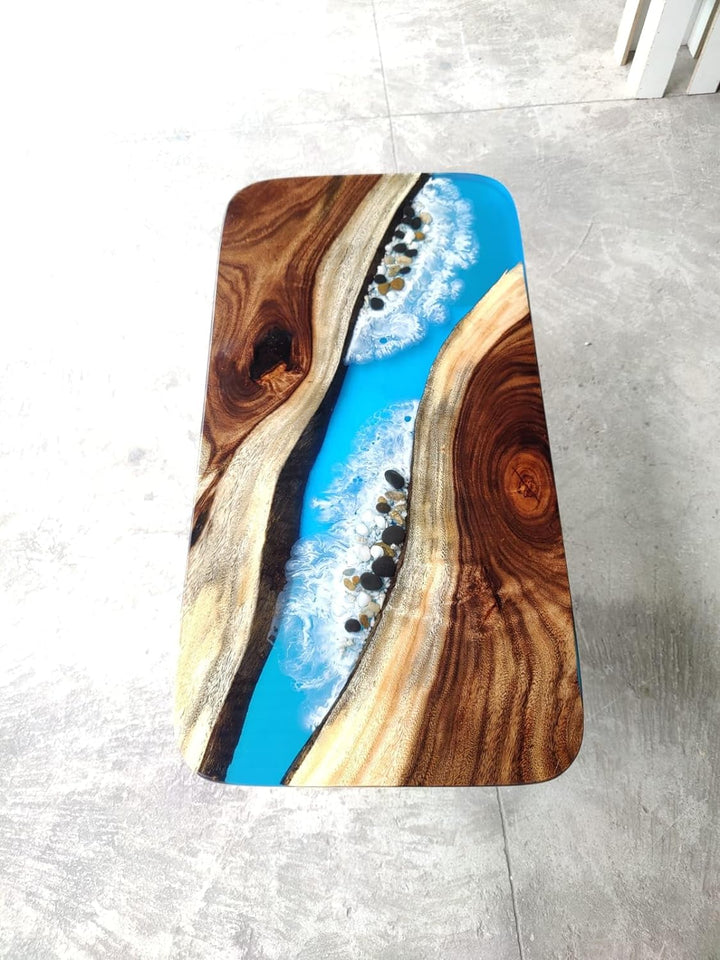 Customized Large Epoxy Table, Blue River Look with Stones, Resin Dining Table for 2, 4, 6, 8, Epoxy Coffee Table, Living Room Table, Home décor