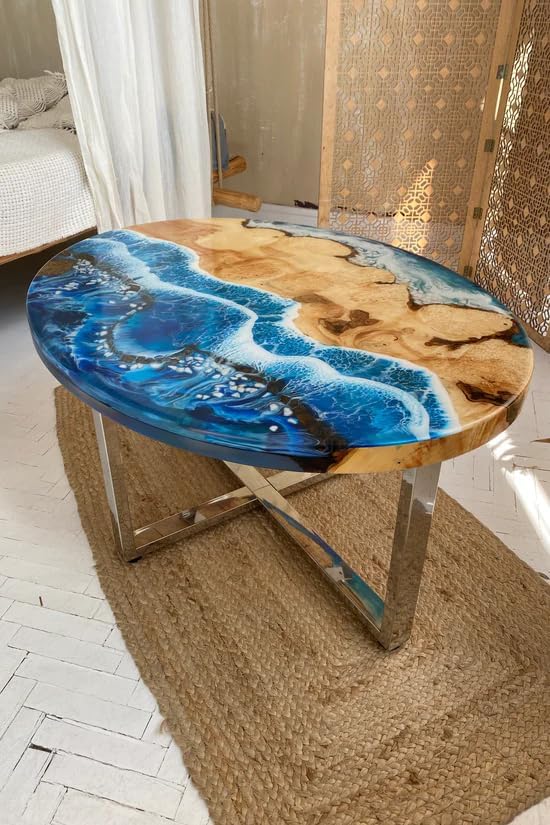 TUZECH Customized Resin Epoxy Round Table Top, Ocean Blue Resin with Stones, Coffee Table Design, Resin Table, Luxury Decor Table, Walnut Table, Wooden Resin Table