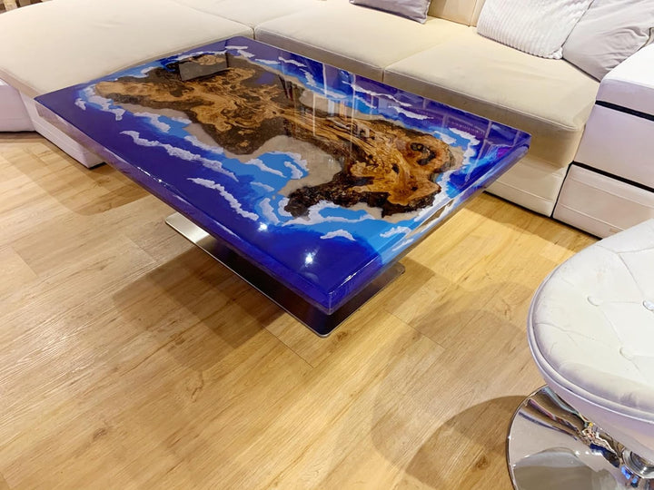 TUZECH Natural Wood Resin Epoxy Blue Classic Island Look with Waves Table Coastal Table Top Dining Table Coffee Table Side/End Table Home Décor