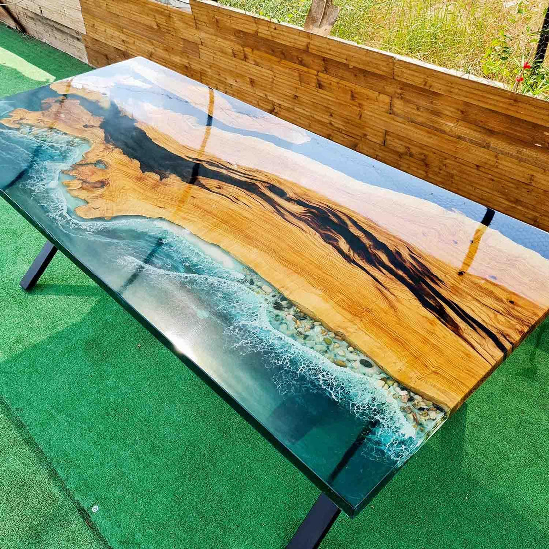 Green Island Ocean Wave Look Epoxy Resin Dining Table Coffee Table End Table Wooden Table Living Room Table Bar Counter Home Décor Side Table top