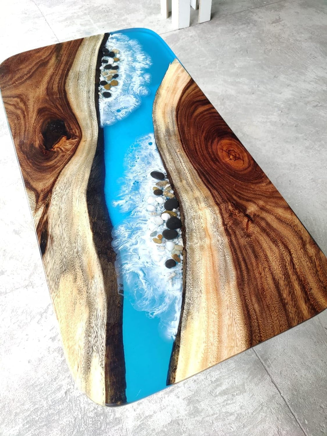 Customized Large Epoxy Table, Blue River Look with Stones, Resin Dining Table for 2, 4, 6, 8, Epoxy Coffee Table, Living Room Table, Home décor