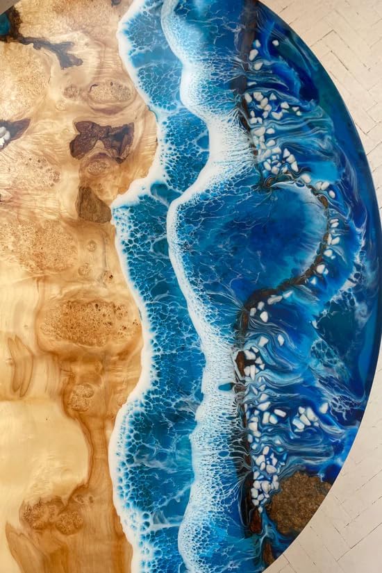 TUZECH Customized Resin Epoxy Round Table Top, Ocean Blue Resin with Stones, Coffee Table Design, Resin Table, Luxury Decor Table, Walnut Table, Wooden Resin Table
