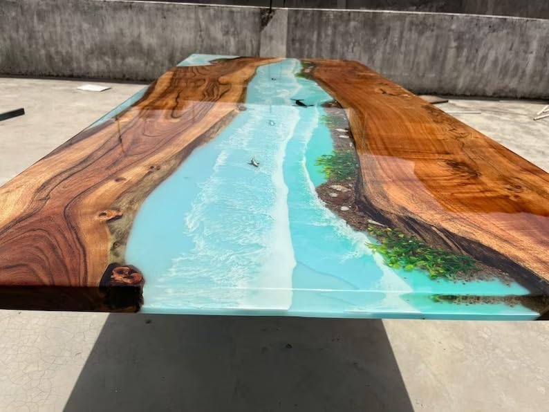 TUZECH Unique Ocean Waves with Shells and Fishes Sky Blue Epoxy Resin Dining Table Console Table Side/End Table Living Room Coastal Table Bar Counter Table Home Décor
