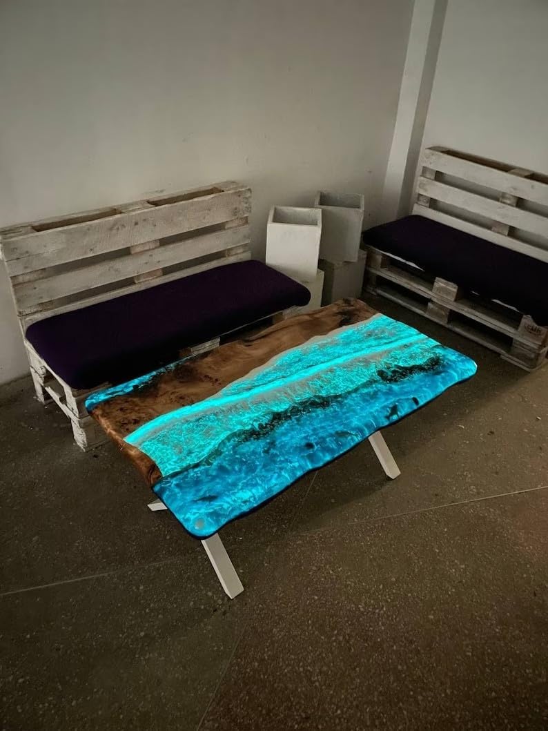 TUZECH Unique Epoxy Resin Coffee Table Glow Ocean Dining Table Living Room Table Stones and Sea Wave Look Table for 2, 4, 6, 8 Conference Table Patio Table Home Decor