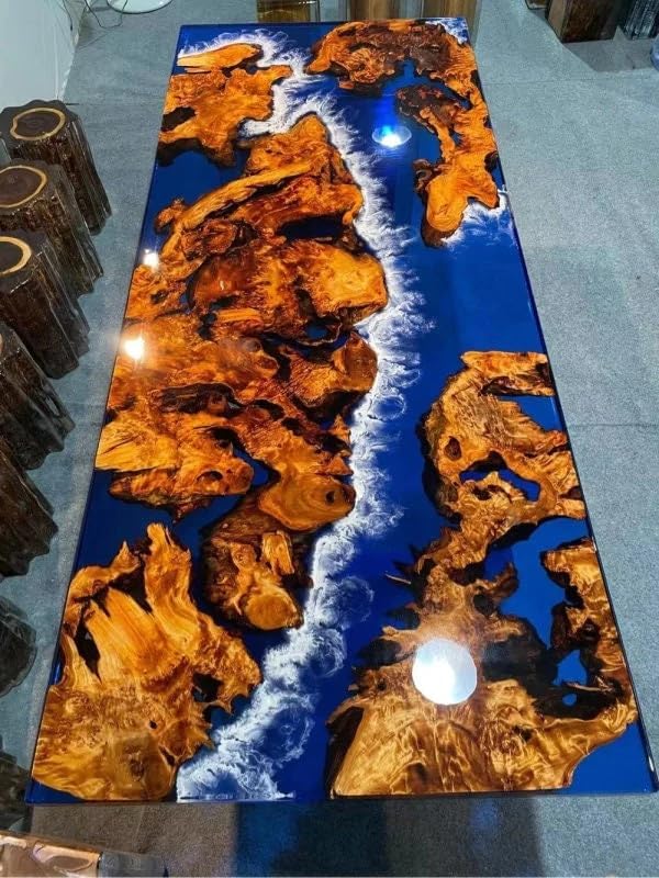 Blue Island with Realistic Ocean Waves Look Epoxy Resin Dining Table Coffee Table End Table Wooden Table Living Room Table Bar Counter Home Décor Side Table top