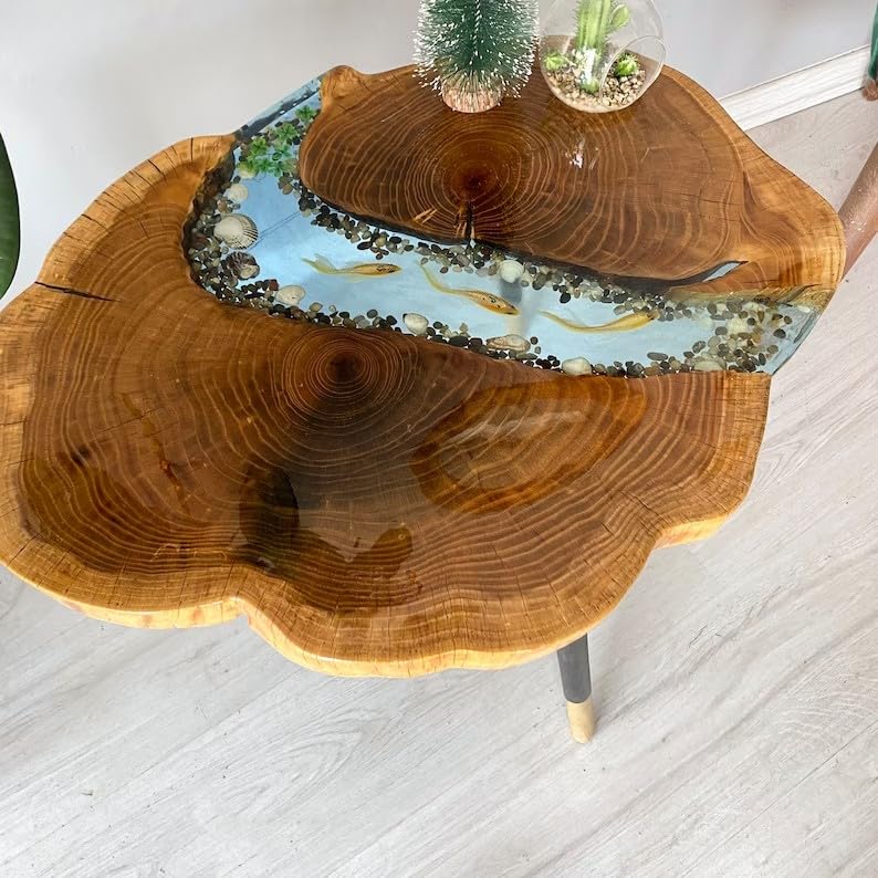 TUZECH Large Indoor Epoxy Round Table Resin Coffee Table River with Fishes & Stones Table Living Room for 2, 4, 6, 8 Side/End Table Epoxy Dining Table Bar Counter Home Décor