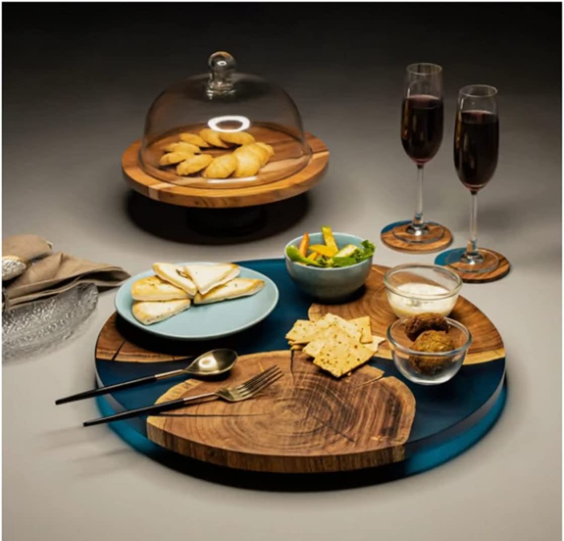 TUZECH Large EPOXY , Resin Lazy Susan with Blue epoxy, Table Centerpiece, Kitchen Art, Home Decor, Wedding Gift Center Dining Tables 18''Inches-Tuzech store