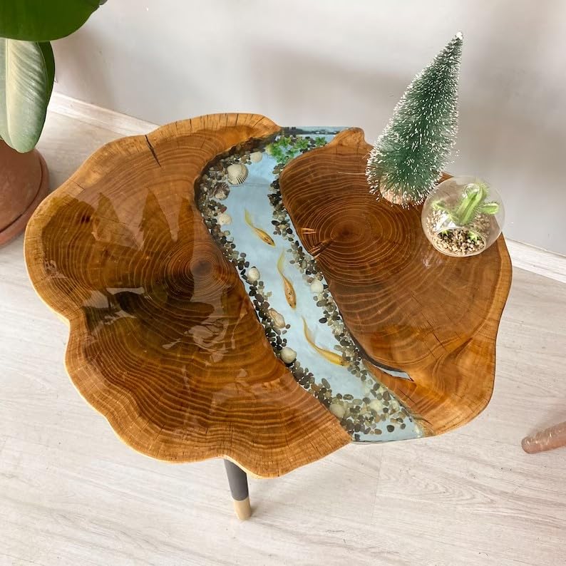 TUZECH Large Indoor Epoxy Round Table Resin Coffee Table River with Fishes & Stones Table Living Room for 2, 4, 6, 8 Side/End Table Epoxy Dining Table Bar Counter Home Décor