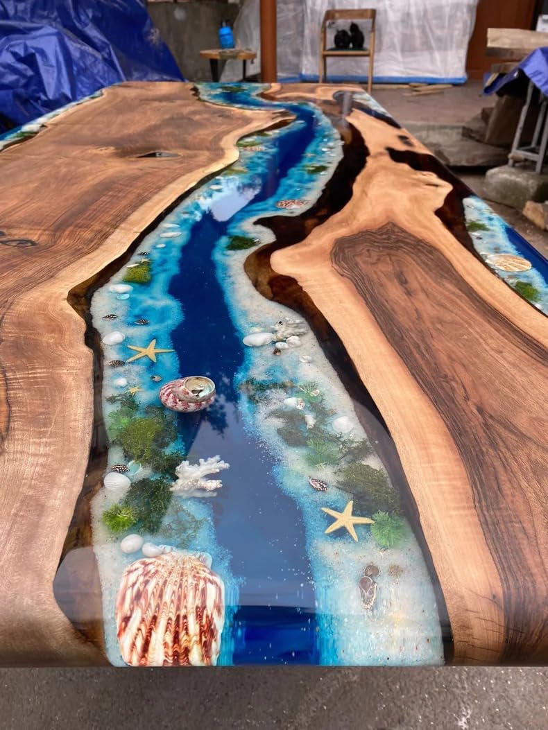 TUZECH Mesmerizing Blue Ocean Epoxy Resin Table Coffee Table with Seashell and Starfish Conference Table Kitchen Table End/Side Table Patio Table Console Table Home Décor