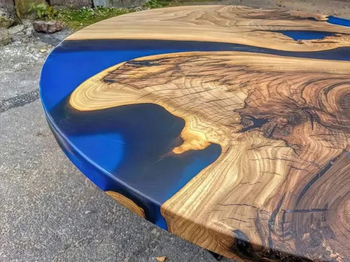 Customized Resin Epoxy Round Bar Tops, Solid Wood Table, Resin countertop, Epoxy River Top, Kitchen Top, Home décor, Chemical Blue Black-Tuzech store