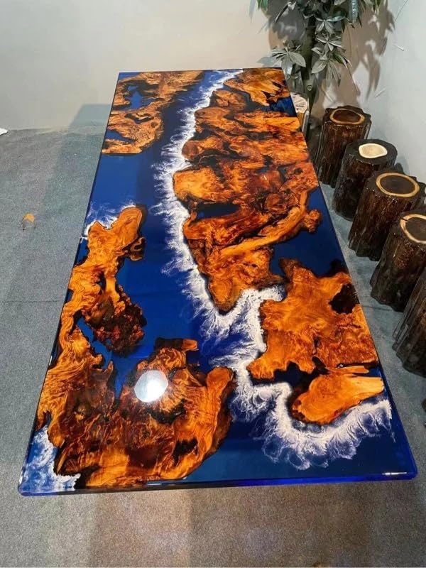 Blue Island with Realistic Ocean Waves Look Epoxy Resin Dining Table Coffee Table End Table Wooden Table Living Room Table Bar Counter Home Décor Side Table top
