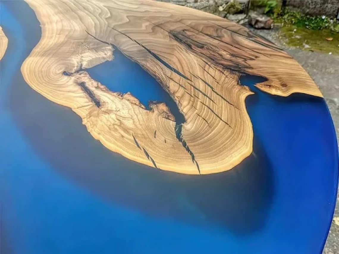 Customized Resin Epoxy Round Bar Tops, Solid Wood Table, Resin countertop, Epoxy River Top, Kitchen Top, Home décor, Chemical Blue Black-Tuzech store