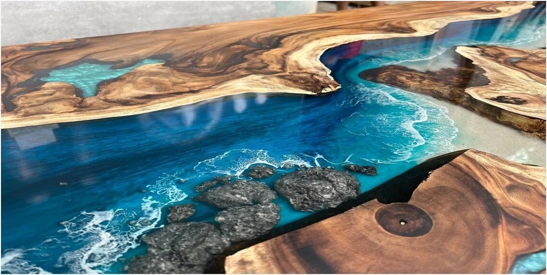 TUZECH Exquisite Ocean Blue Epoxy Resin Dining Table Coffee Table with Stone and Rock Console Table Side/End Table Living Room Coastal Table Bar Counter Table Home Décor