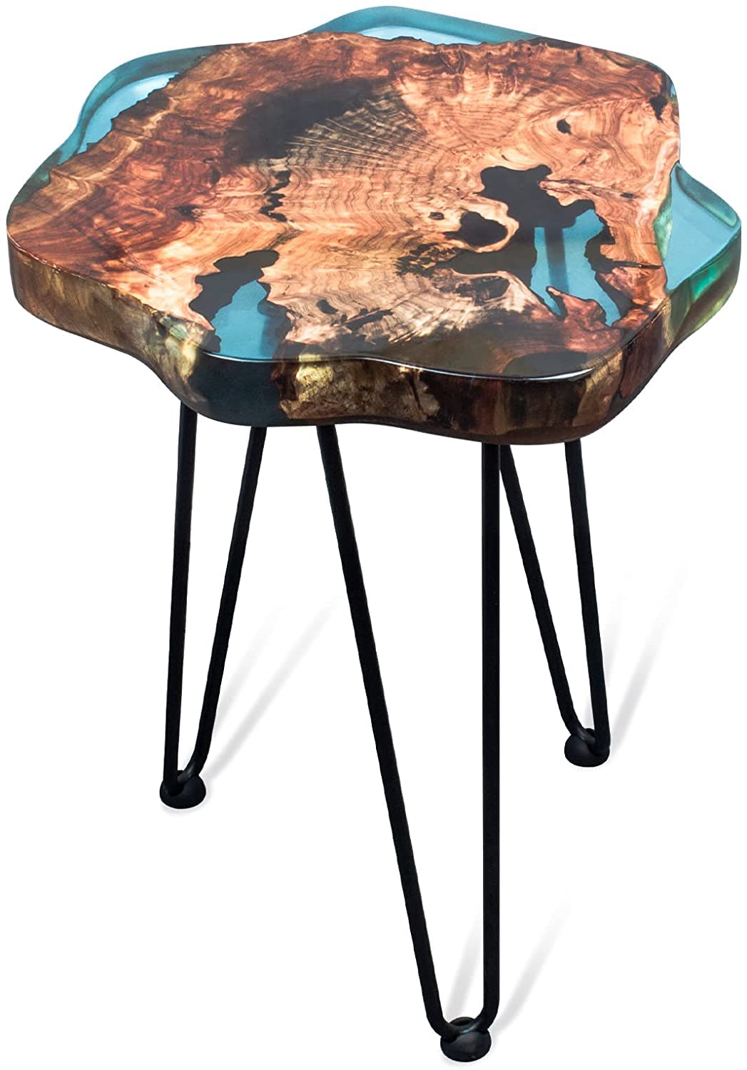 Crystal Clear Epoxy Resin Natural Edge Wood end Table, Wood Resin Side Table Hand Made Craft Coffee Table with Hairpin legs-20 inch Tall