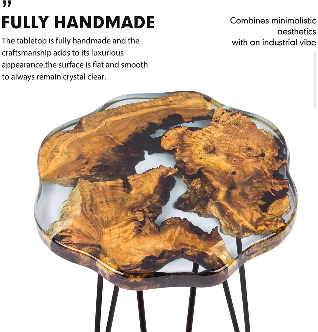 Crystal Clear Epoxy Resin Natural Edge Wood end Table, Wood Resin Side Table Hand Made Craft Coffee Table with Hairpin legs-20 inch Tall