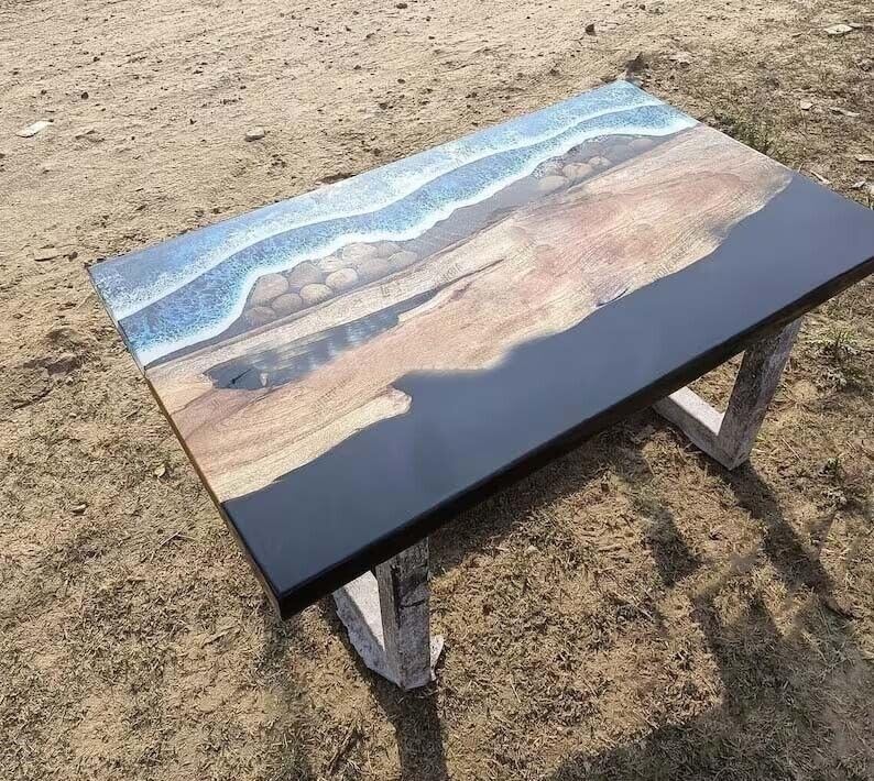 TUZECH Large Indoor Ocean Blue Epoxy Resin Dining Table Centre Table with Stone & Rock Kitchen Table Living Room Table Patio Table Conference Table Coffee Table Home Décor