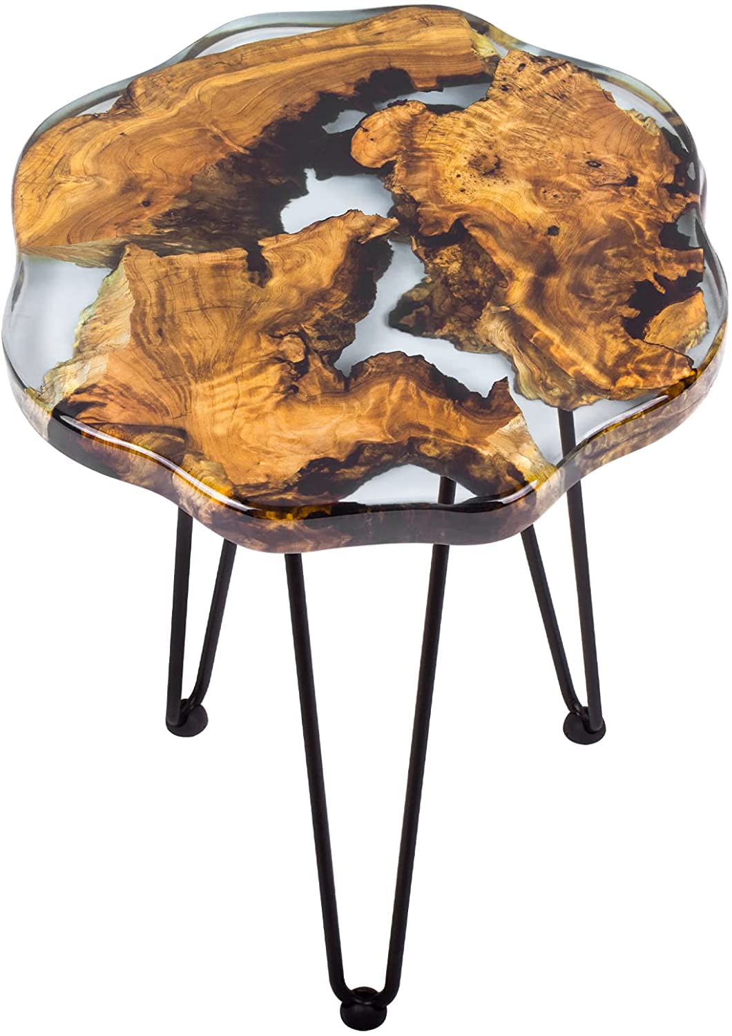 Crystal Clear Epoxy Resin Natural Edge Wood end Table, Wood Resin Side Table Hand Made Craft Coffee Table with Hairpin legs-20 inch Tall