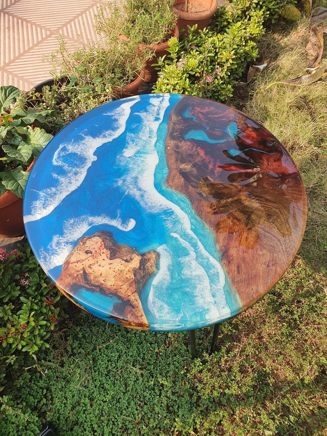 Custom Beach Look Epoxy Resin Round Dining Table Coffee Table Centre Table Live Edge Table Console Table Living Room Table Study Table Patio Table End/Side Table