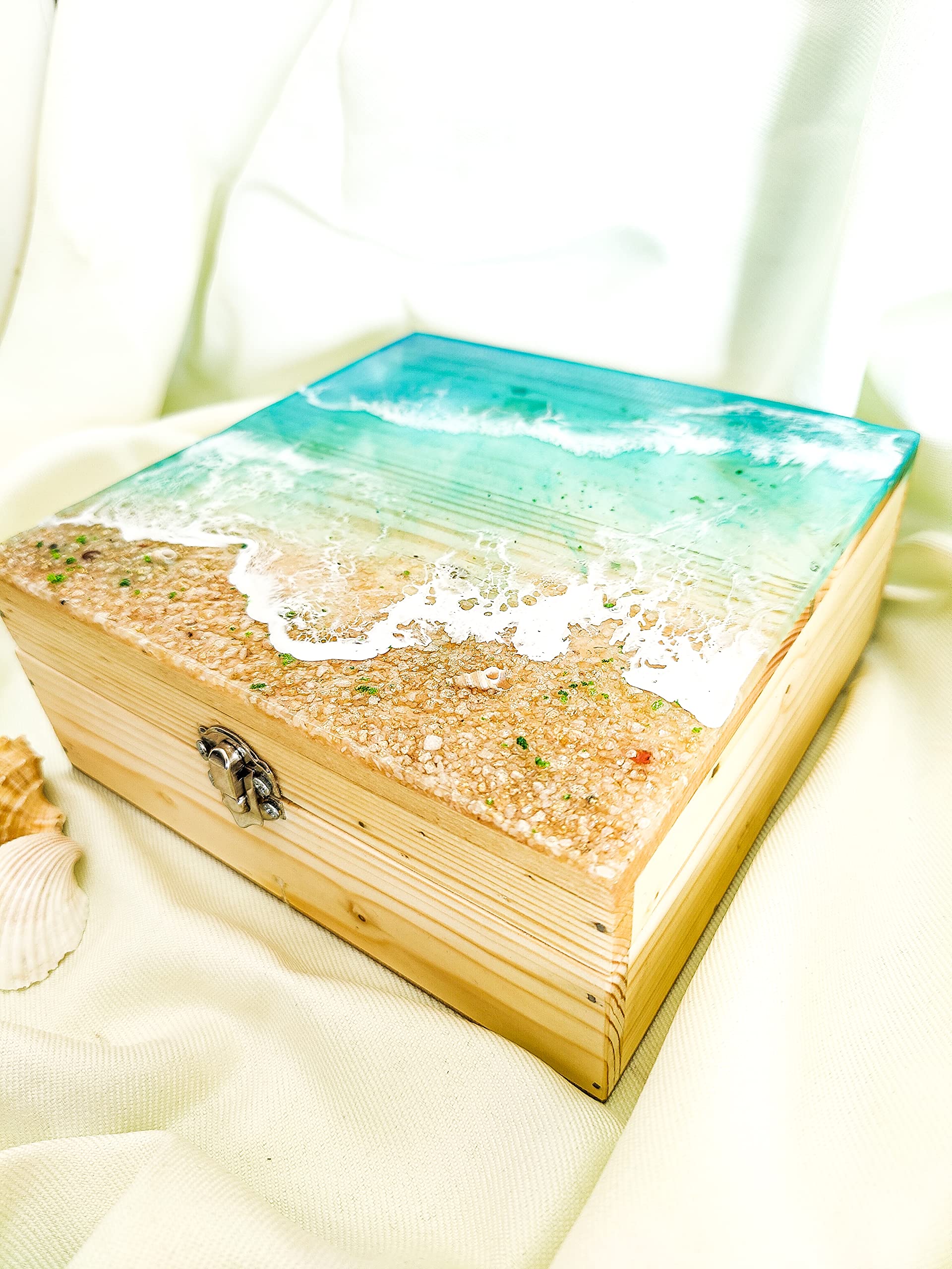 TUZECH Customizable Epoxy Wooden Jewellery Treasure Box Chest Seaside Beach Ocean Handmade Home Décor memory box Custom gift box, Trinket Box-Tuzech store