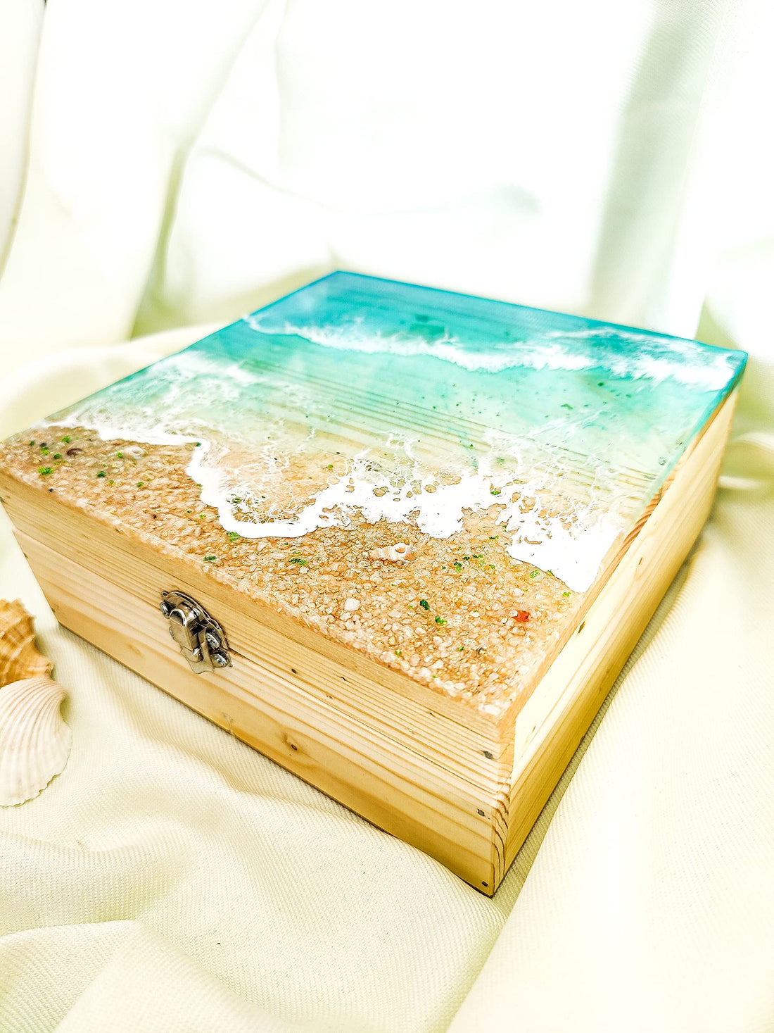 TUZECH Customizable Epoxy Wooden Jewellery Treasure Box Chest Seaside Beach Ocean Handmade Home Décor memory box Custom gift box, Trinket Box-Tuzech store