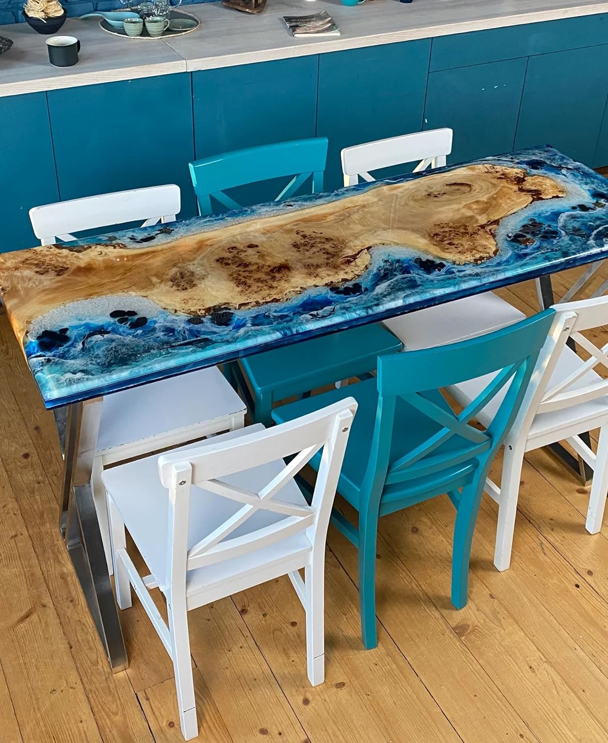 Customized Dine Room Natural Edge Table, Ocean Dining Table, Ocean Epoxy Table, Epoxy Kitchen Table, Blue Epoxy Wooden Table, Resin DinningTable