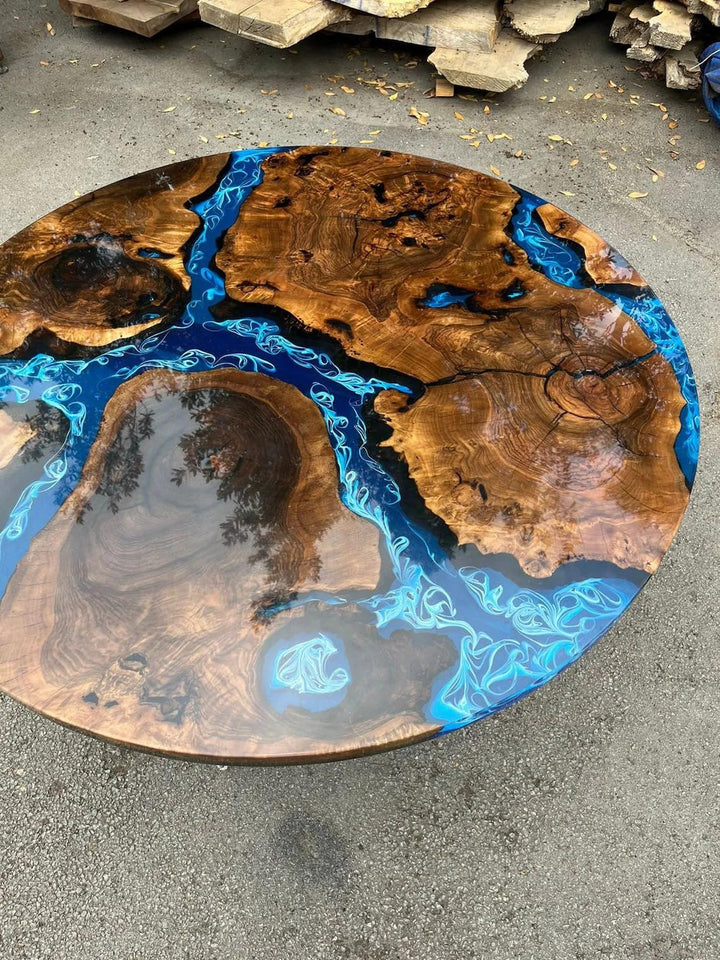 TUZECH Extendable Ocean Shiny Blue with Waves Round Table Round Table Walnut Wooden Table Epoxy Dining Table Living Room Table Patio Table End/Side Table Home Decor