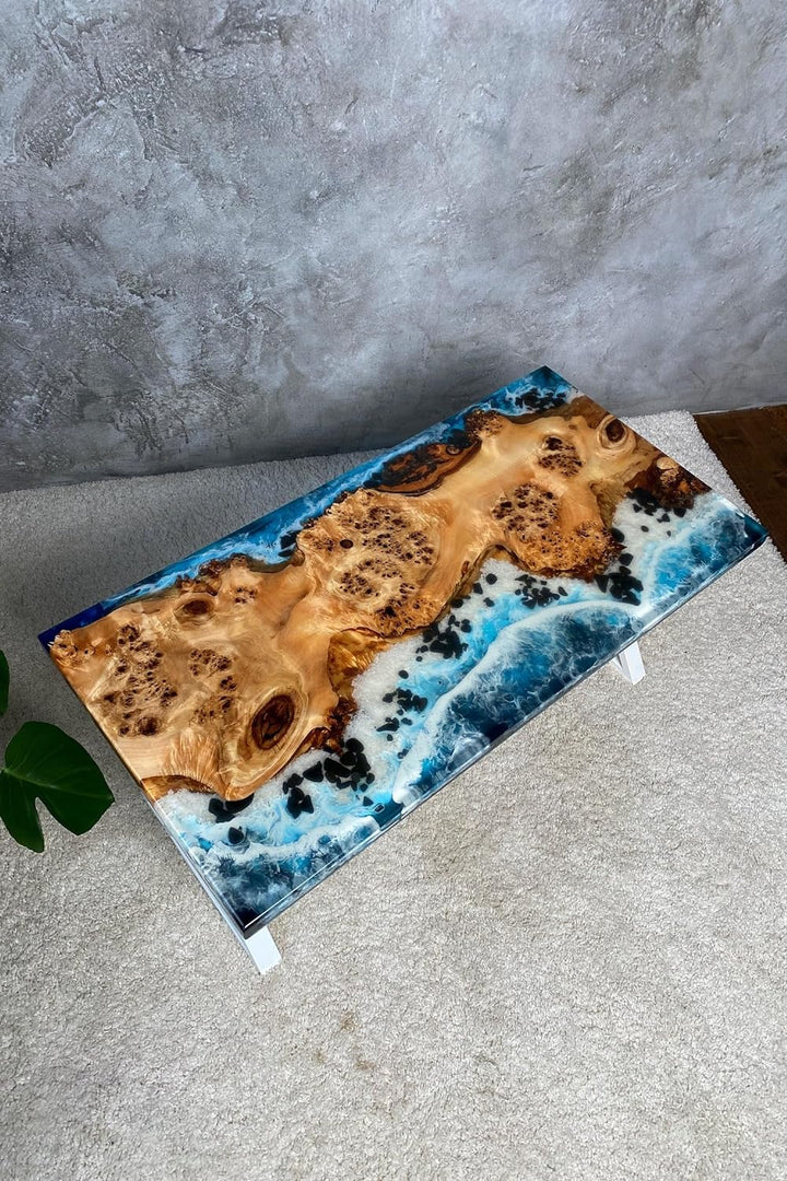 Unique Island Ocean Beach Wave Stone Look Epoxy Resin Dining Table Coffee Table End Table Wooden Table Living Room Table Bar Counter Home Décor Side