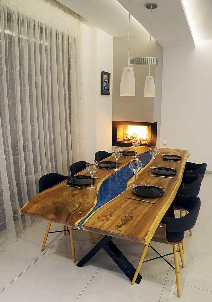 TUZECH Dining Blue River Table Made in a Modern Rustic Finish with Black Steel Legs and Blue epoxy Resin River/Live Edge Dine Table-Tuzech store