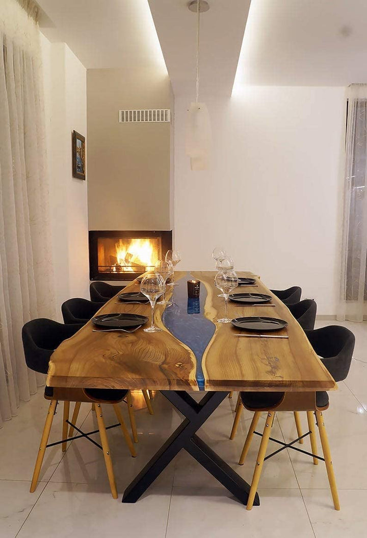 TUZECH Dining Blue River Table Made in a Modern Rustic Finish with Black Steel Legs and Blue epoxy Resin River/Live Edge Dine Table-Tuzech store