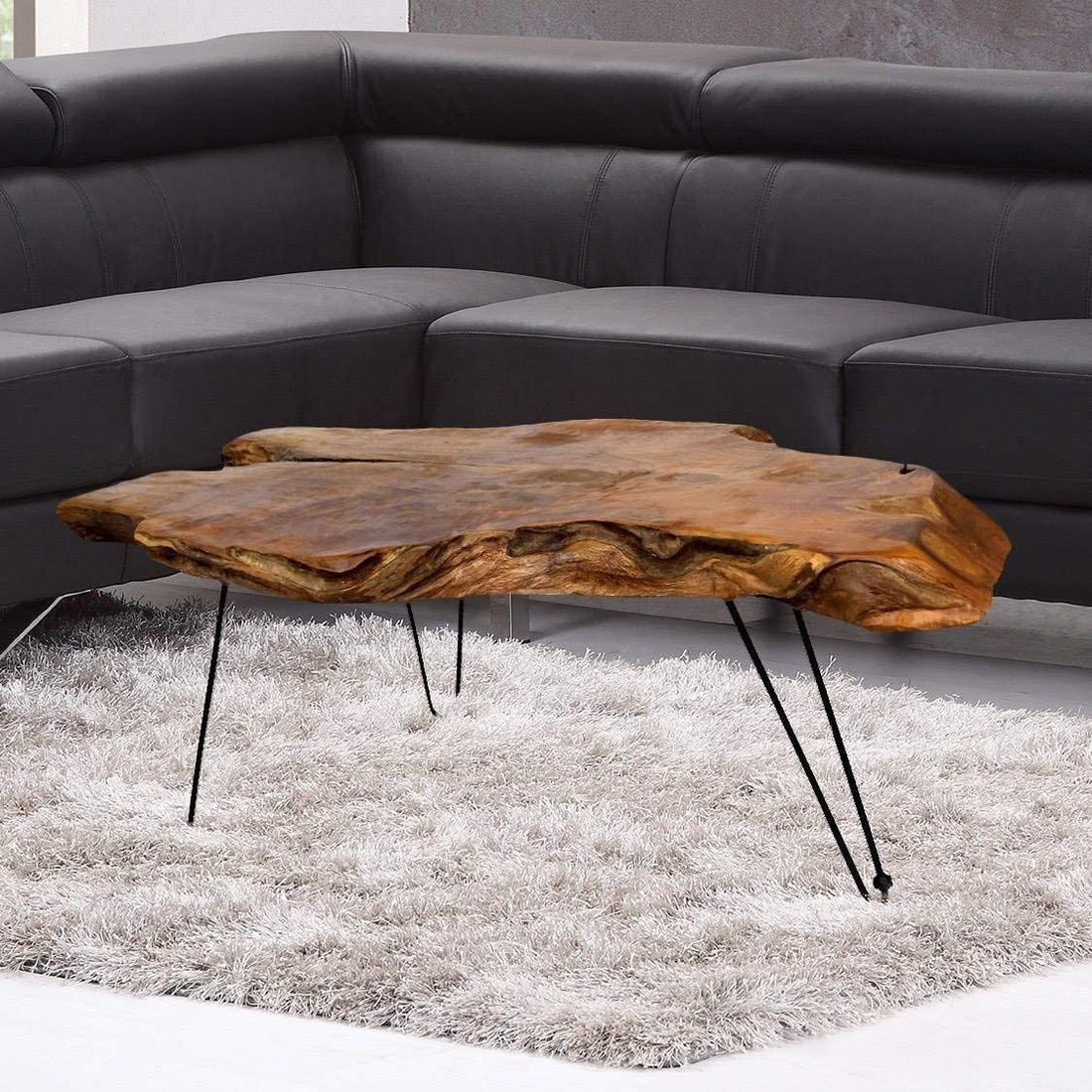 TUZECH StyleCraft Badang Natural Wood Carving Contemporary Teak Edge Cocktail Table with Clear Lacquer Finish and Metal Legs for Living Room (40x28x17 inches)-Tuzech store