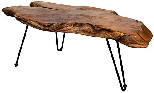 TUZECH StyleCraft Badang Natural Wood Carving Contemporary Teak Edge Cocktail Table with Clear Lacquer Finish and Metal Legs for Living Room (40x28x17 inches)-Tuzech store
