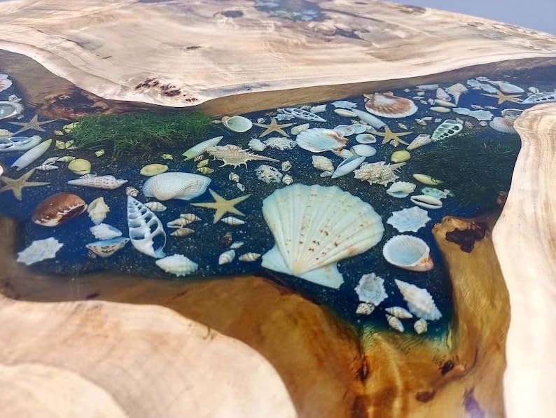 beautiful - indoor - round - wooden - mountain - coffee - table - epoxy - dining - table - living - room - table - shells - and - stars - table - for - 2 - 4 - 6 - 8 - side - end - table - home - decor - table - resinhomefurniture