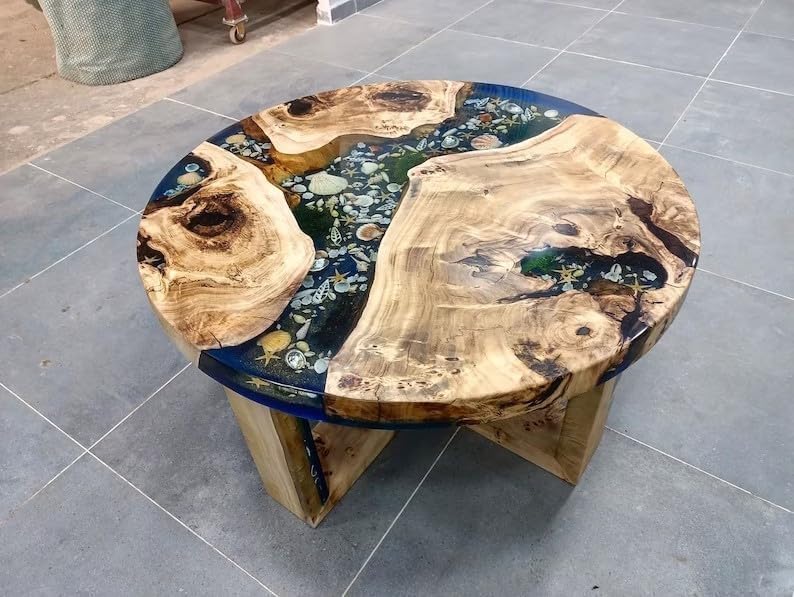 beautiful - indoor - round - wooden - mountain - coffee - table - epoxy - dining - table - living - room - table - shells - and - stars - table - for - 2 - 4 - 6 - 8 - side - end - table - home - decor - table - resinhomefurniture