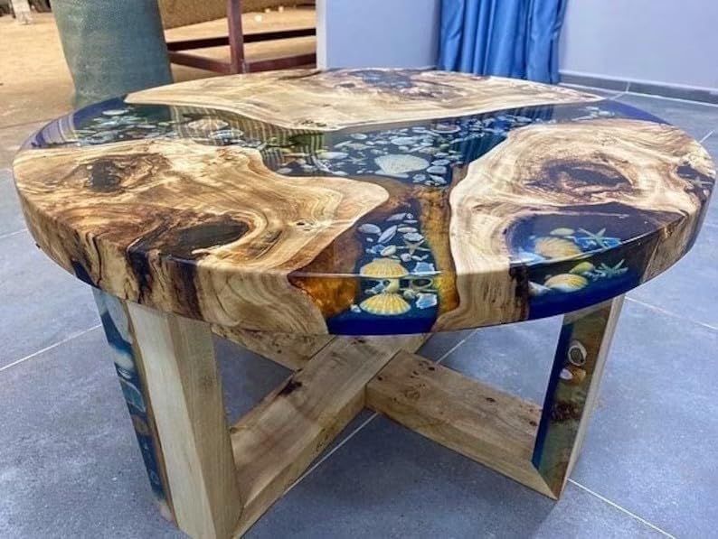 beautiful - indoor - round - wooden - mountain - coffee - table - epoxy - dining - table - living - room - table - shells - and - stars - table - for - 2 - 4 - 6 - 8 - side - end - table - home - decor - table - resinhomefurniture