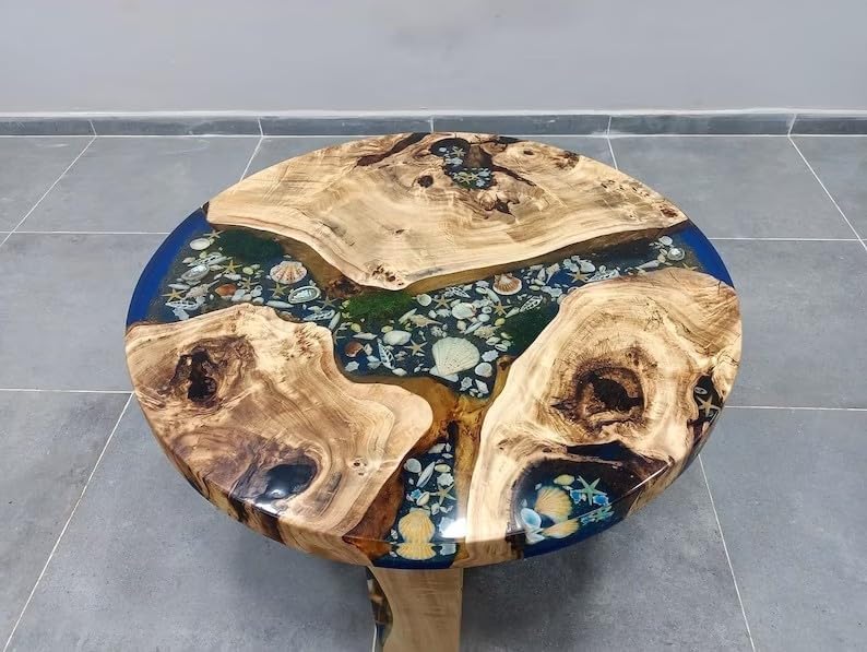 Beautiful Indoor Round Wooden Mountain Coffee Table Epoxy Dining Table Living Room Table Shells and Stars Table for 2, 4, 6, 8 Side/End Table Home Decor Table - resinhomefurniture