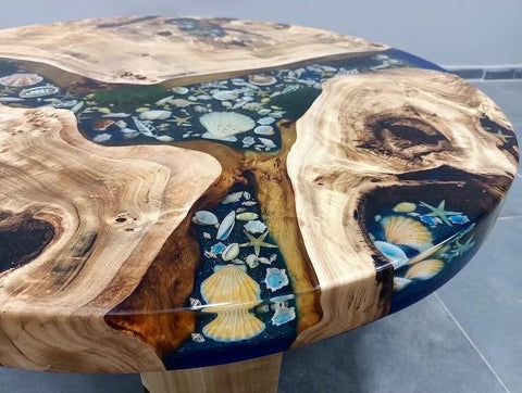 Beautiful Indoor Round Wooden Mountain Coffee Table Epoxy Dining Table Living Room Table Shells and Stars Table for 2, 4, 6, 8 Side/End Table Home Decor Table - resinhomefurniture