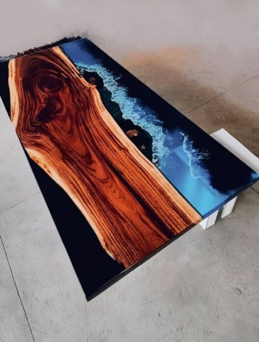Blue Ocean Beach With Wave Look Epoxy Resin Dining Table Coffee Table End Table Wooden Table Living Room Table Home D?cor Side Table Top - resinhomefurniture