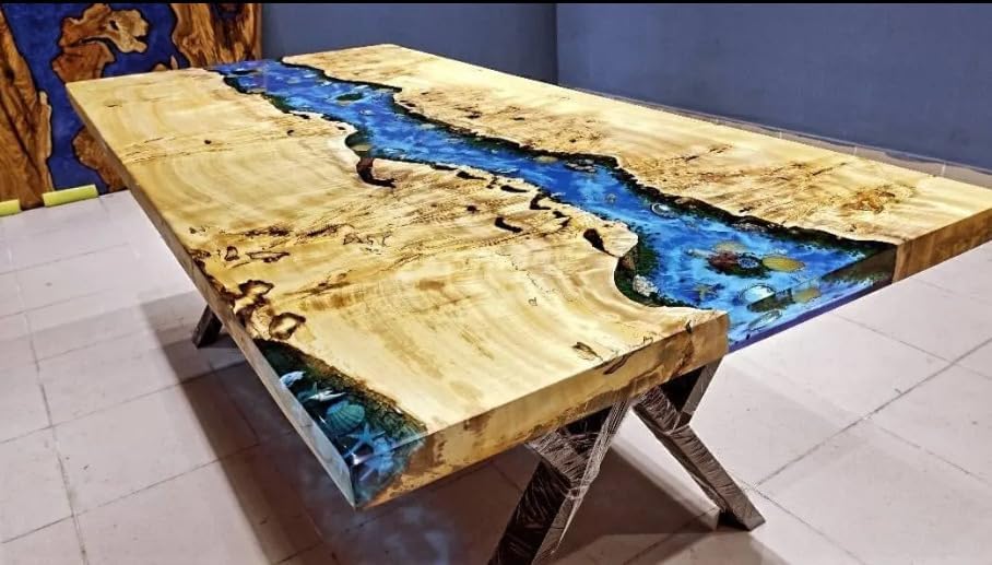 blue - river - star - and - shells - feel - epoxy - dining - table - resin - coffee - table - living - room - for - 2 - 4 - 6 - 8 - epoxy - ocean - table - top - luxury - table - home - decor - patio - table - resinhomefurniture